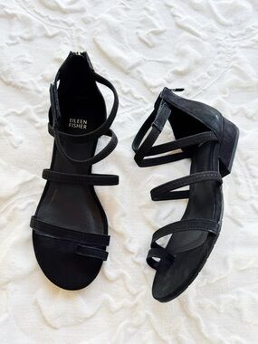 Eileen Fisher Black Strappy Block Heel Sandals Size 9.5